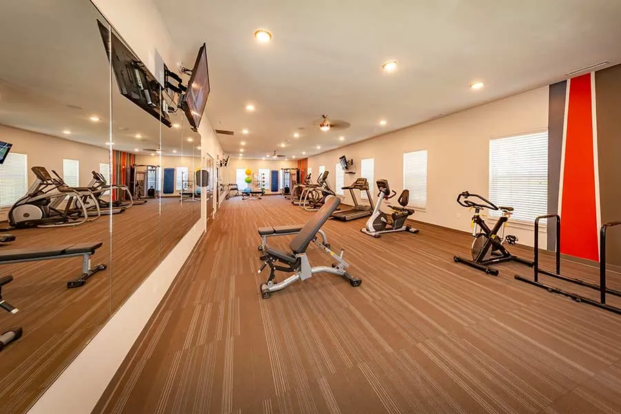 Modern fitness center with state-of-the-art equipment, bright lighting, and wall mirrors, offering an energetic and inviting workout environment.