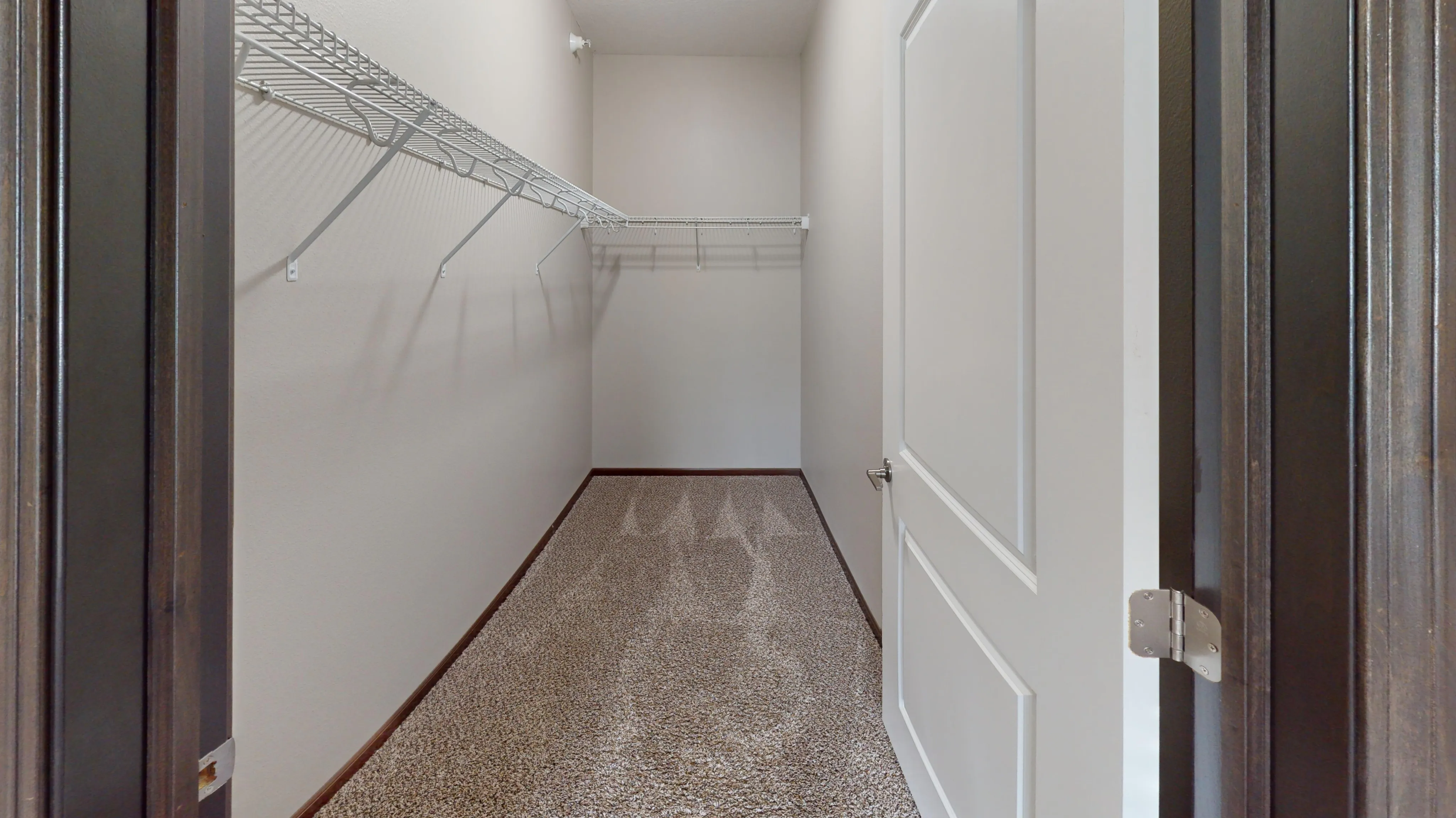 Spacious walk-in closet with plush carpet and ample shelving, perfect for organized living.