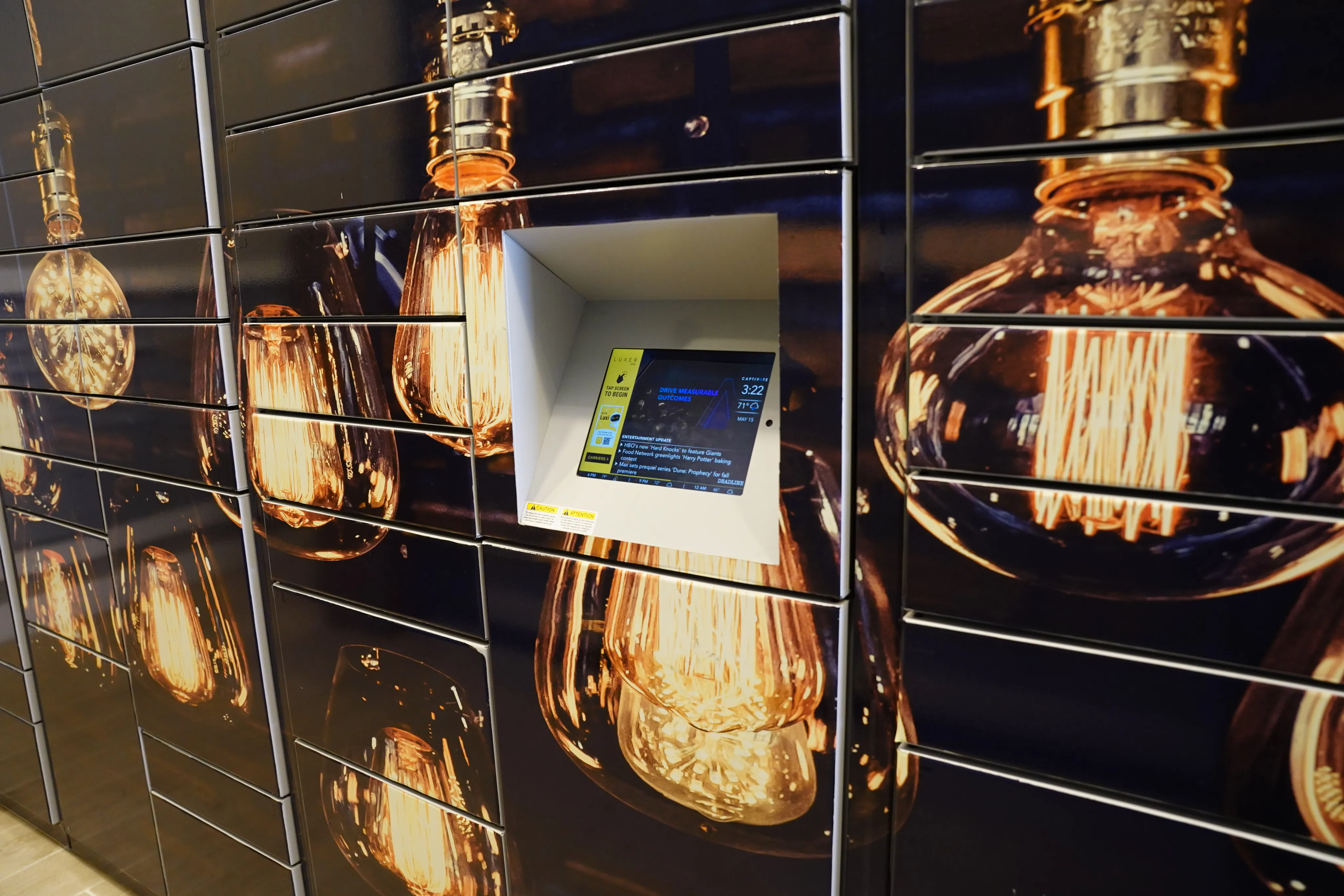 Innovative locker system with a modern display, featuring a dynamic Edison bulb design for a stylish ambiance.