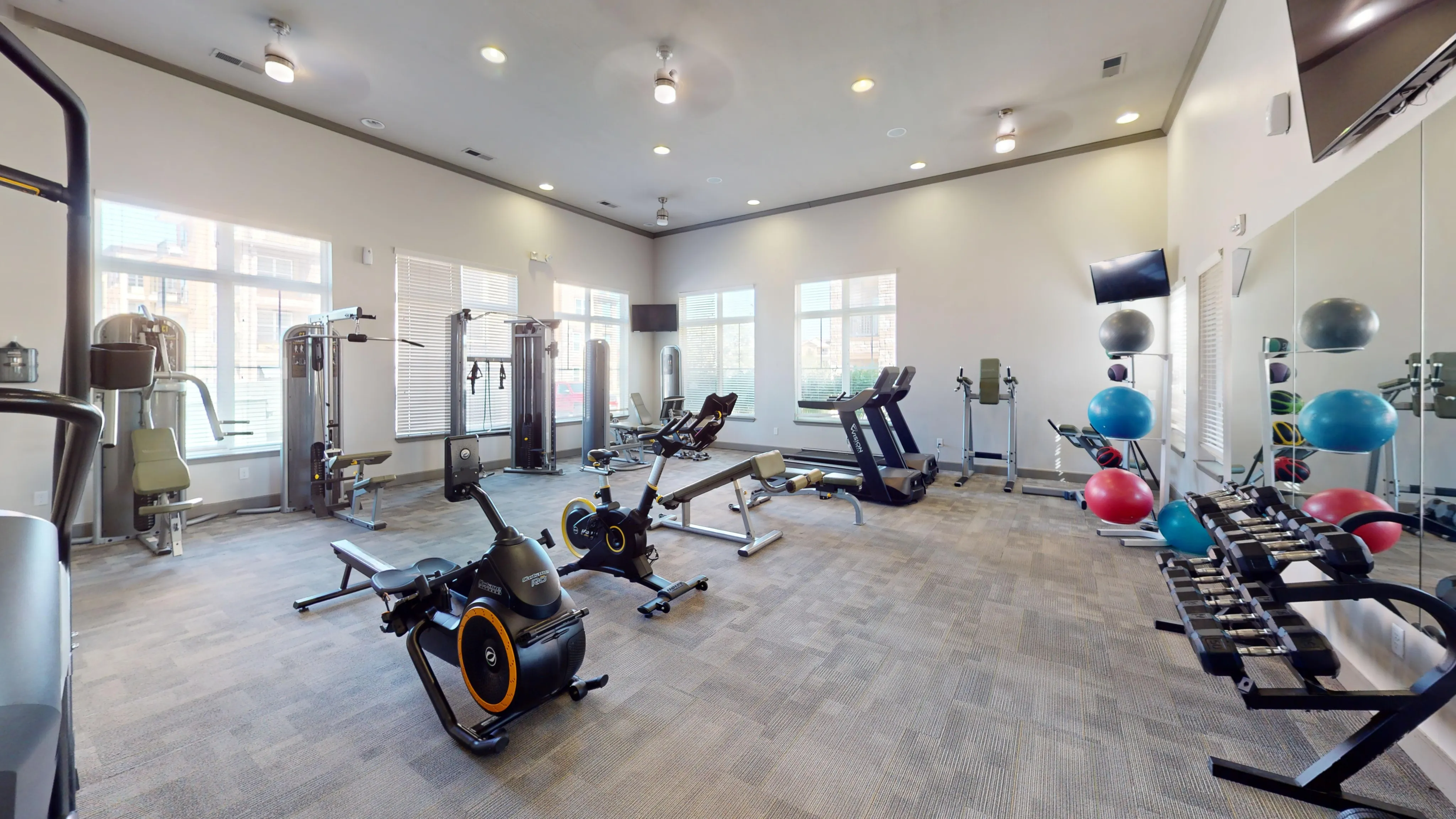 Modern fitness center with state-of-the-art gym equipment including treadmills, exercise bikes, and weights, surrounded by large windows for natural light.