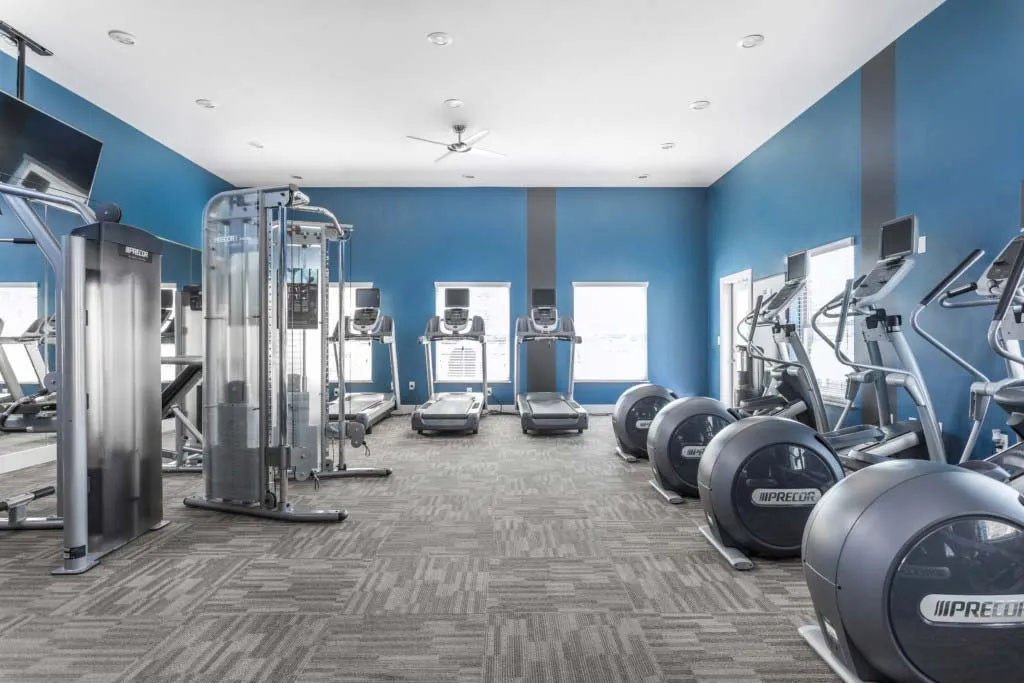 Modern fitness center with state-of-the-art gym equipment, bright blue walls, and natural light from large windows.