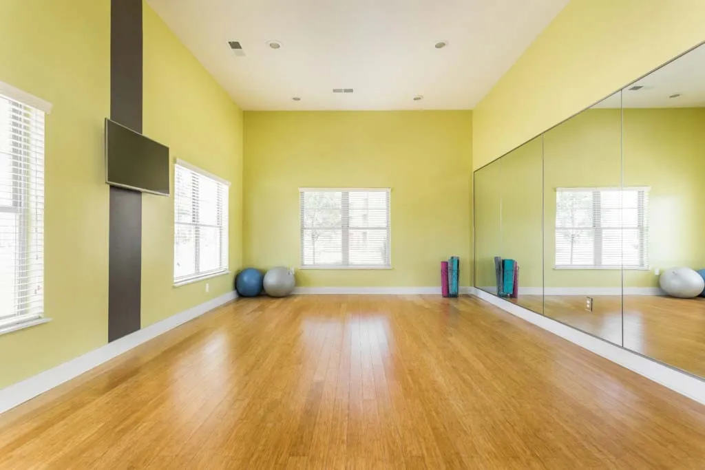 Bright and spacious exercise studio with mirrored walls, hardwood floors, and large windows offering natural light.