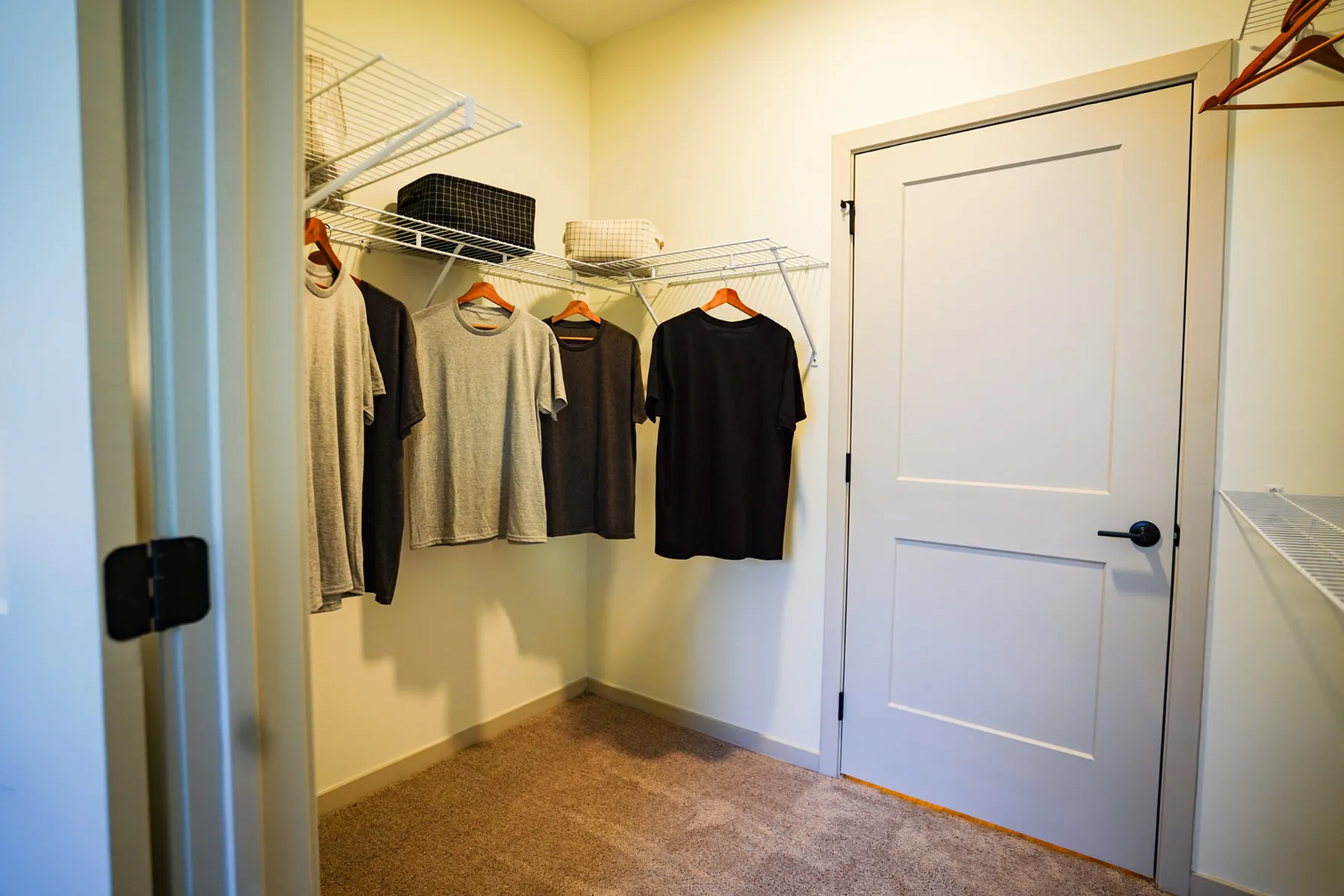 Spacious and organized walk-in closet with stylish wire shelving and hanging space.