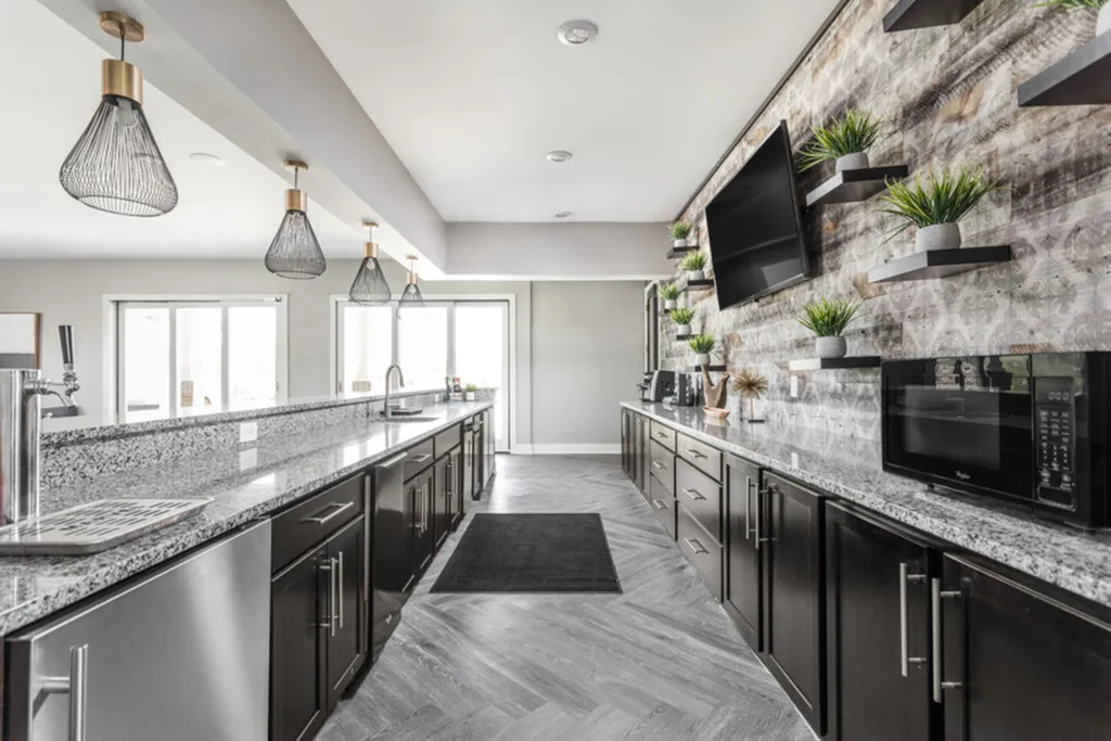 Luxurious modern kitchen with sleek granite countertops, elegant pendant lighting, and stylish open shelving with greenery.