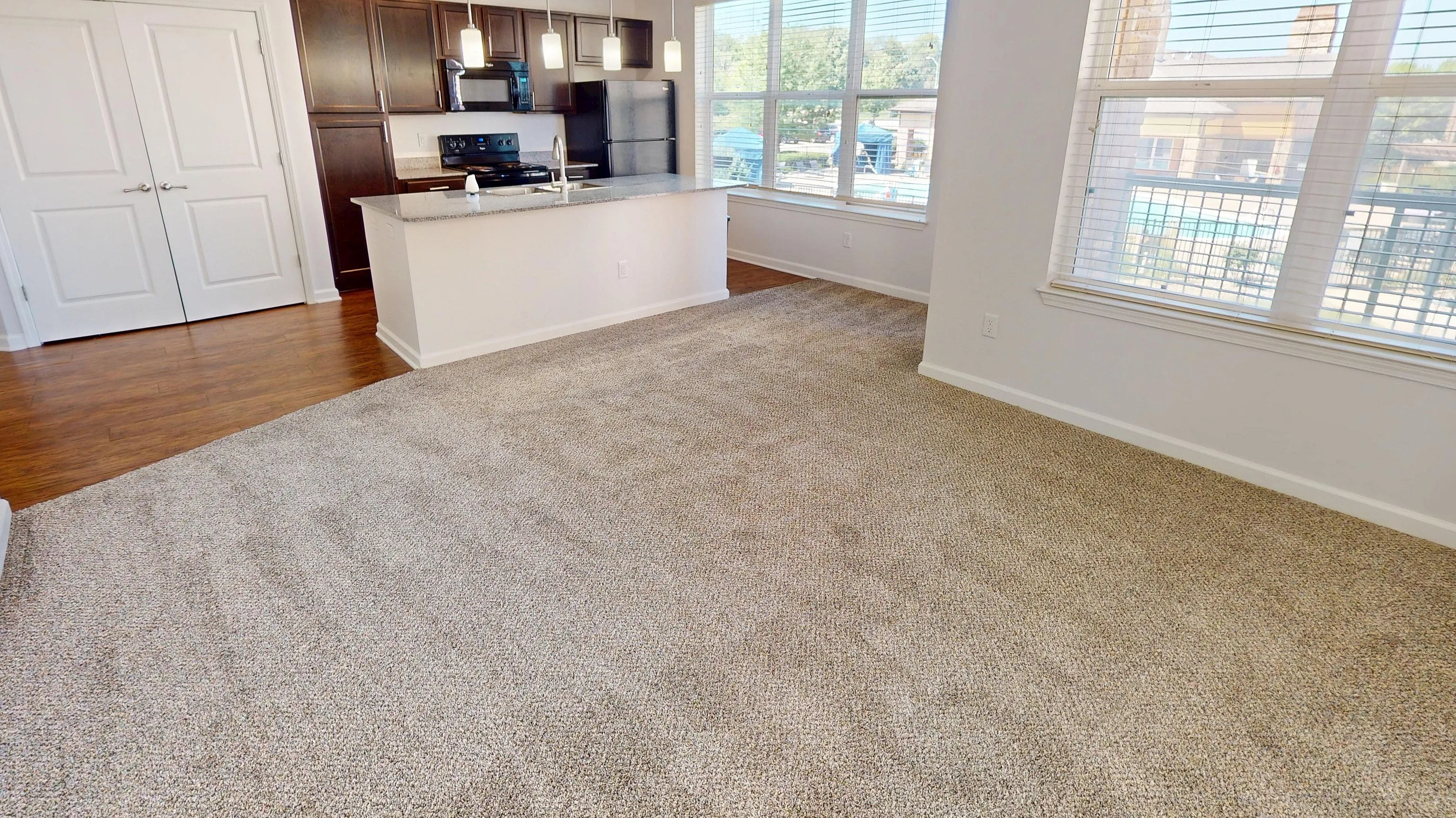 Bright and inviting open-concept living space with plush carpeted floors, modern kitchen with elegant cabinetry, and large windows offering a scenic view.