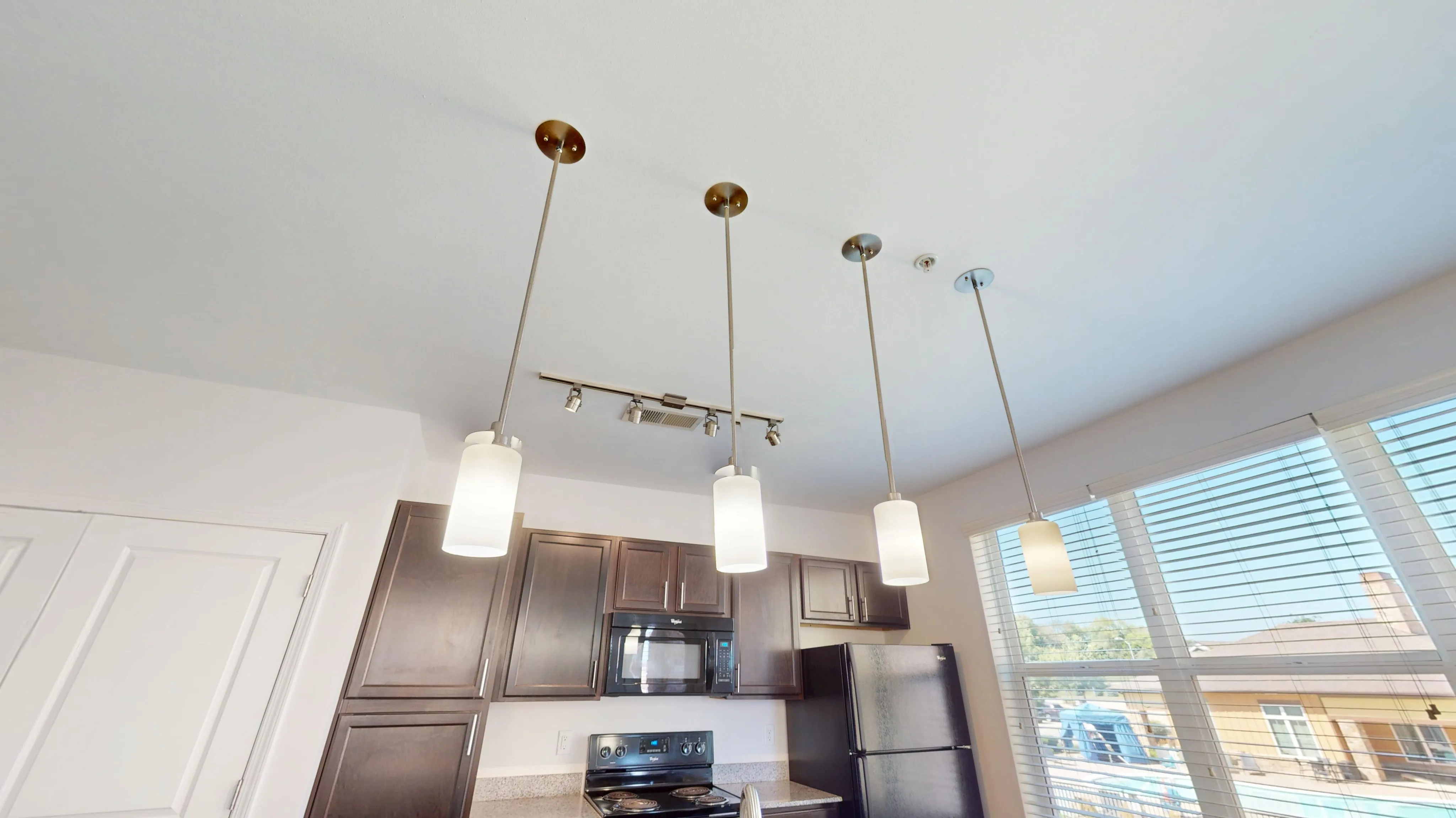 Modern kitchen with sleek dark cabinets, stainless steel appliances, and elegant pendant lighting. Large windows provide ample natural light and views of the outdoors.