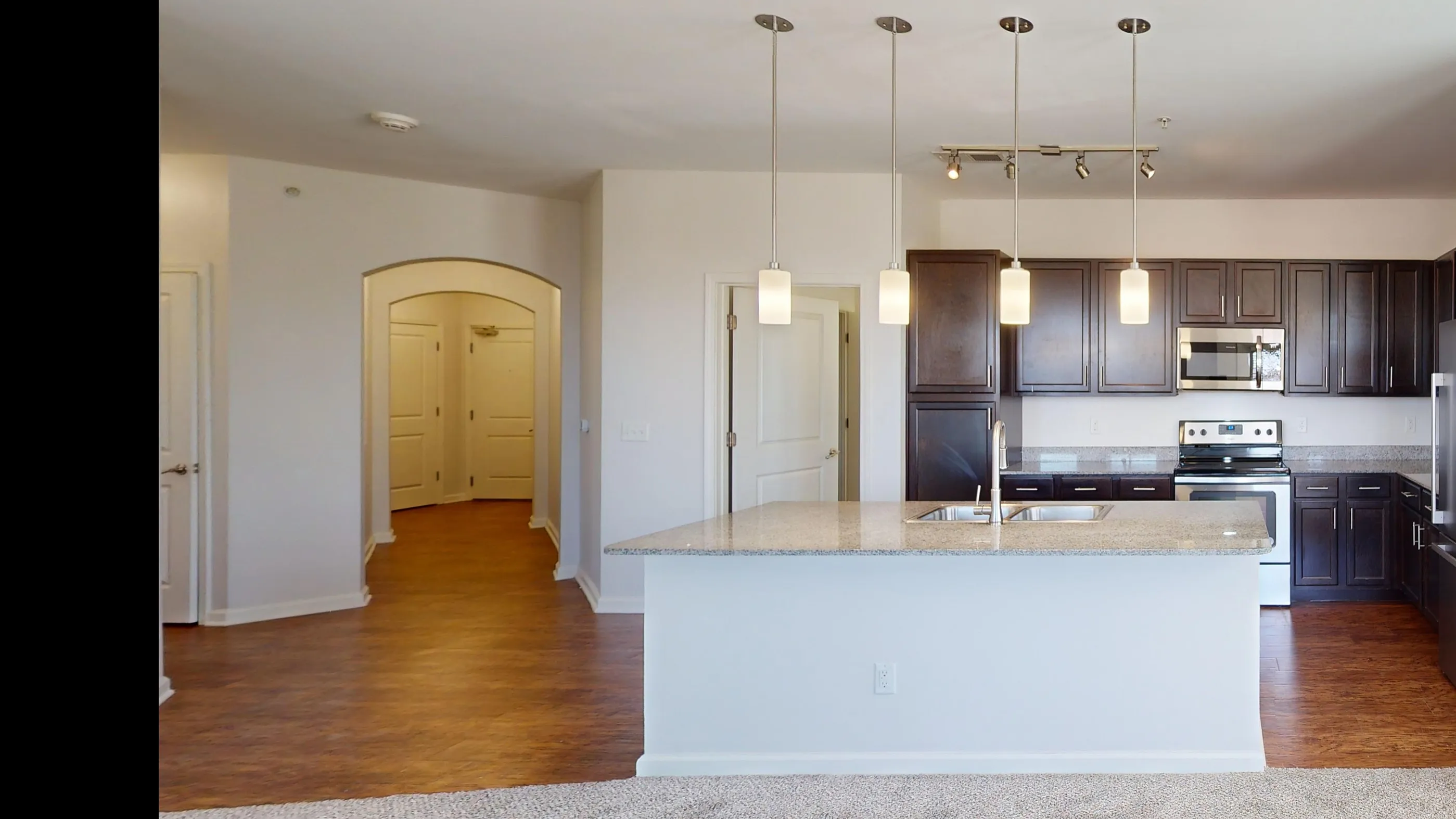 Elegant open-concept kitchen and living area with modern lighting, dark wood cabinetry, and sleek stainless steel appliances.