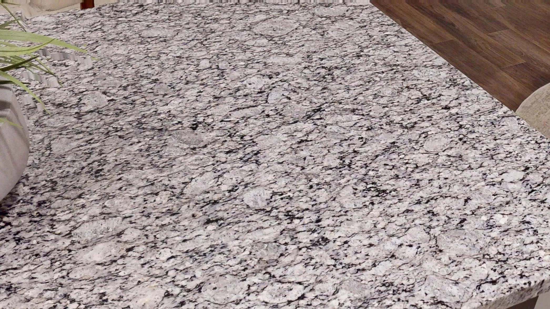 Elegant kitchen countertop crafted from luxurious speckled granite, seamlessly blending with warm wooden flooring.