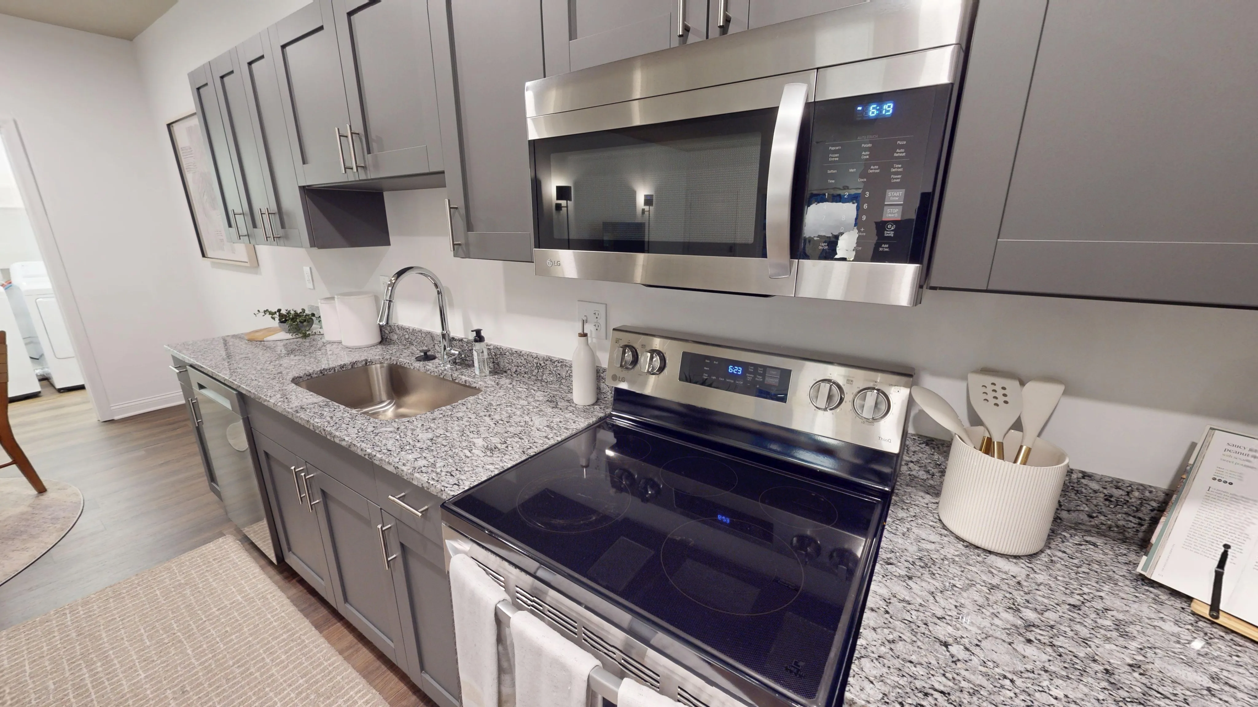 Modern kitchen with sleek granite countertops, stainless steel appliances, and elegant gray cabinetry, offering a blend of style and functionality.