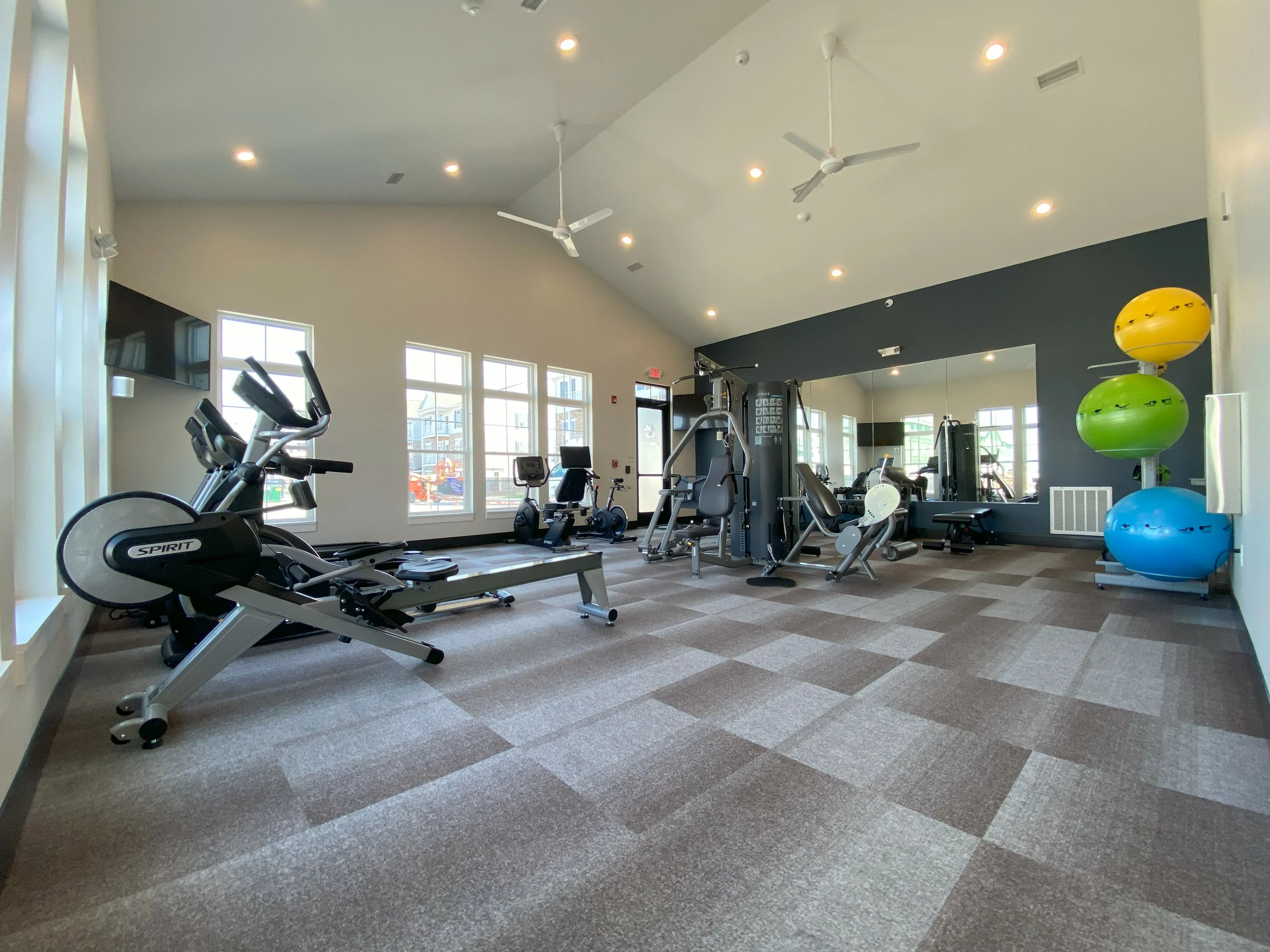 Modern fitness center featuring high ceilings, natural light, and state-of-the-art exercise equipment, including cardio machines and colorful stability balls.