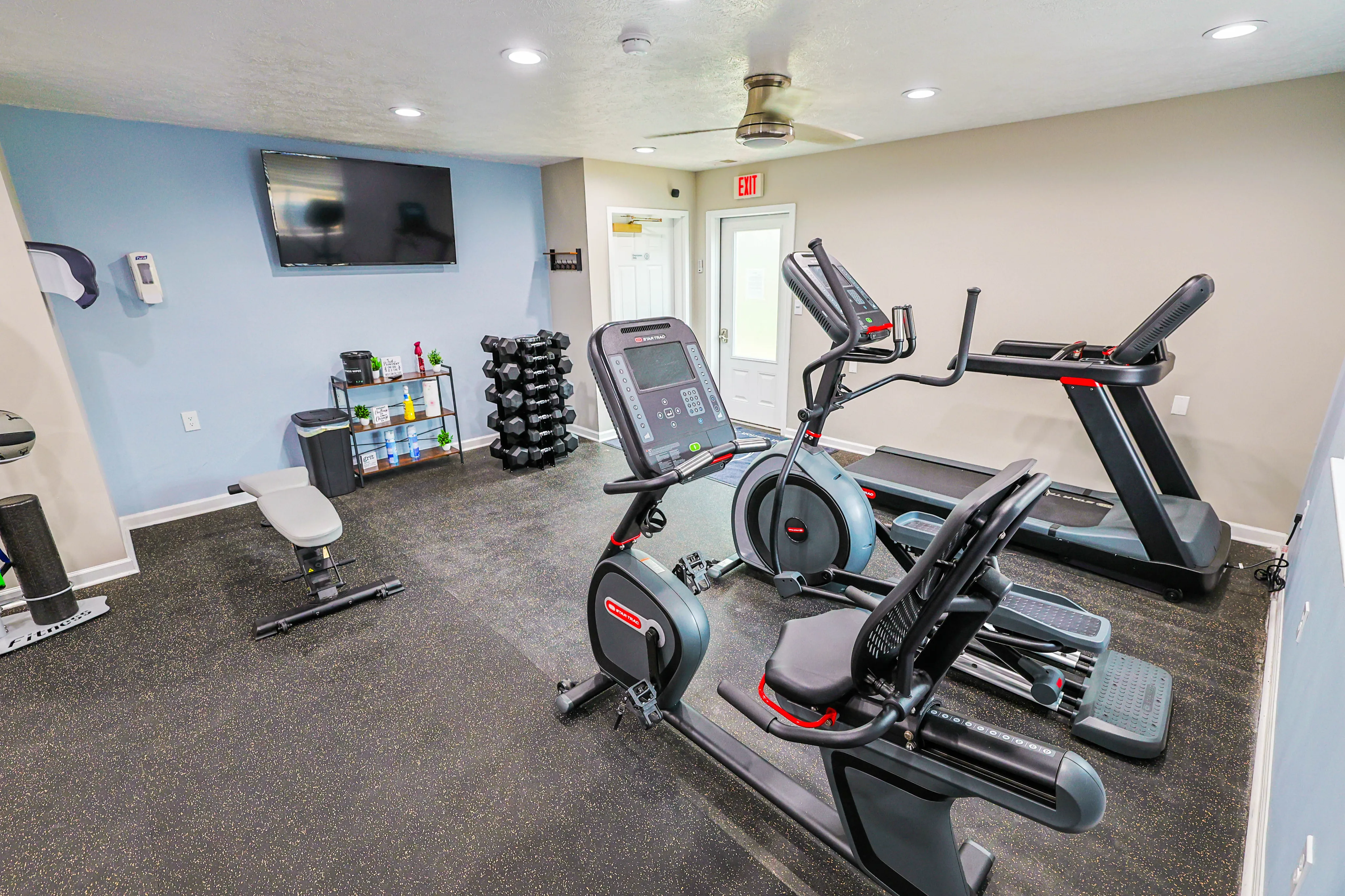 Modern apartment fitness center featuring state-of-the-art exercise equipment and vibrant ambiance.