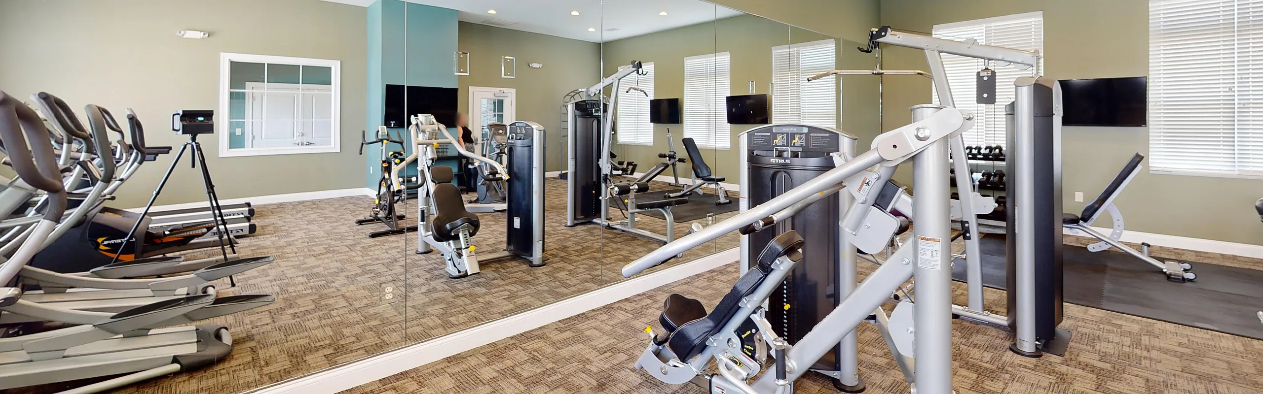 Modern fitness center featuring state-of-the-art exercise equipment, large mirrors, and ample natural light for an invigorating workout experience.