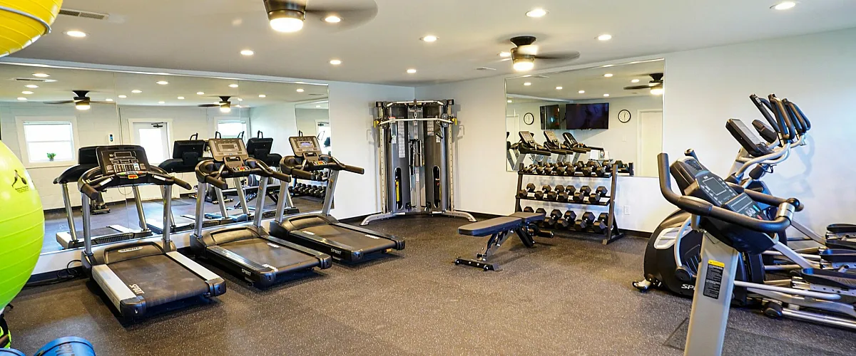 Modern gym equipped with treadmills, stationary bikes, weight rack, and resistance machines, highlighted by bright lighting and mirrored walls.