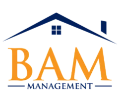 BAM Management logo featuring a stylized house roof design with bold orange and blue lettering.