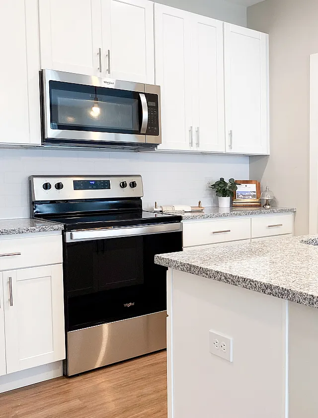 Modern kitchen with sleek stainless steel appliances, elegant granite countertops, and stylish bar seating, perfect for entertaining.