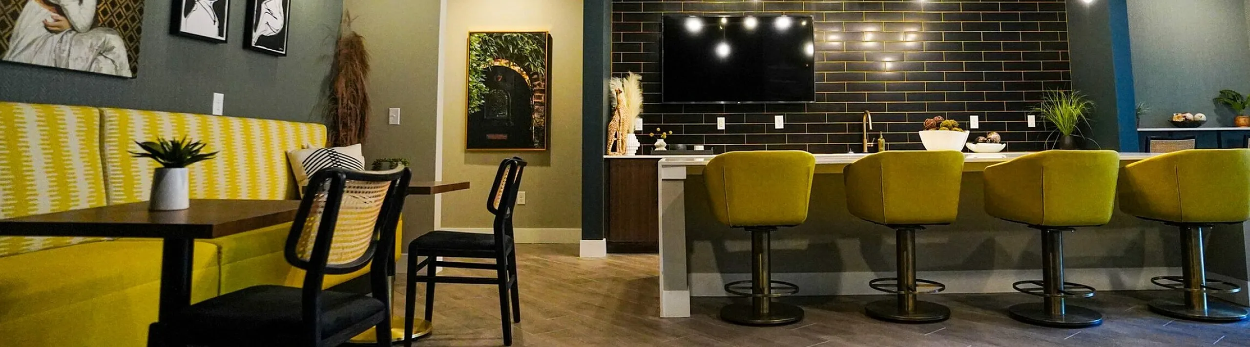 Clubhouse kitchen and lounge area at Uptown Terrace.