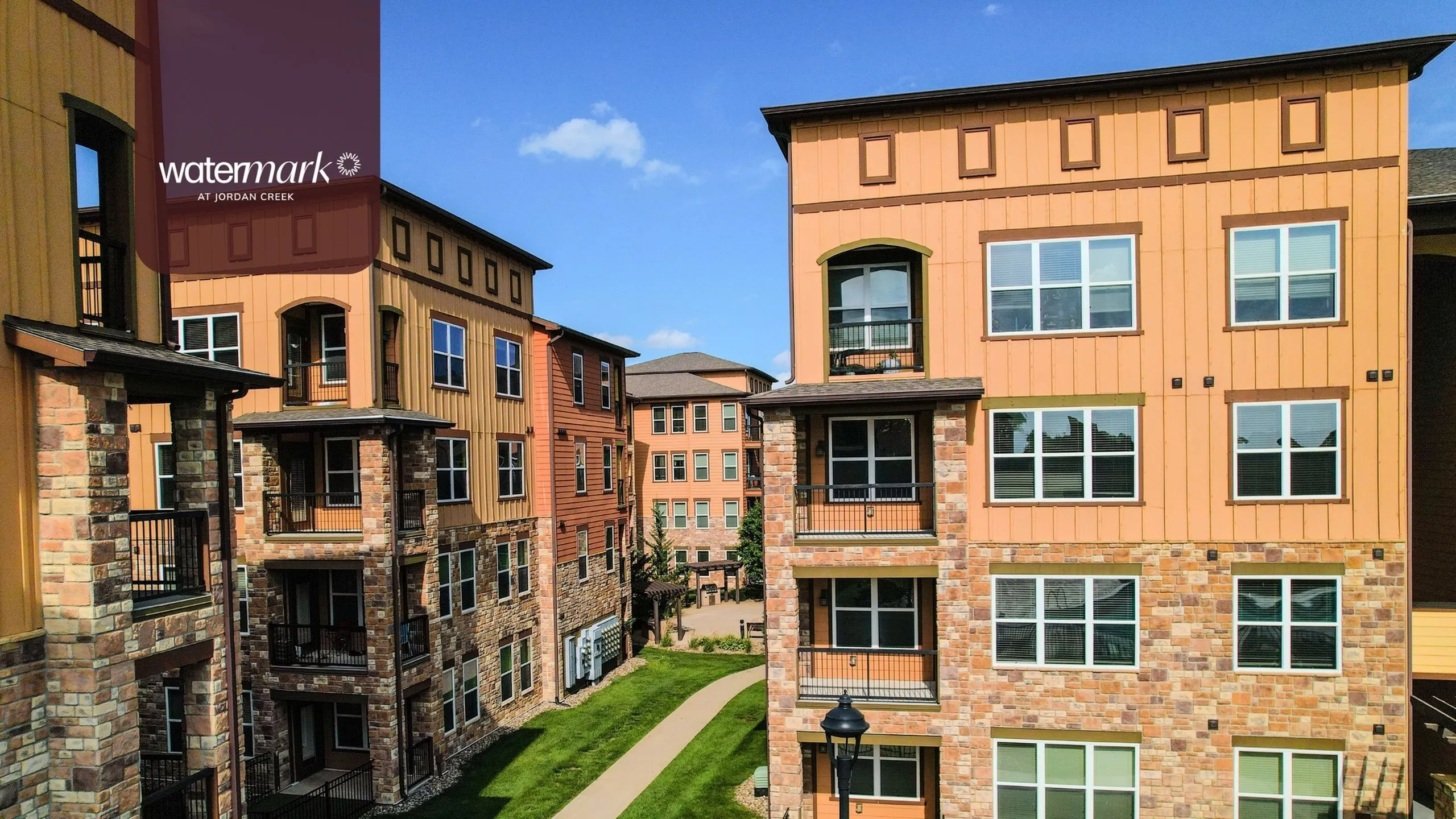 Apartment building exterior at Watermark at Jordan Creek in West Des Moines, IA.