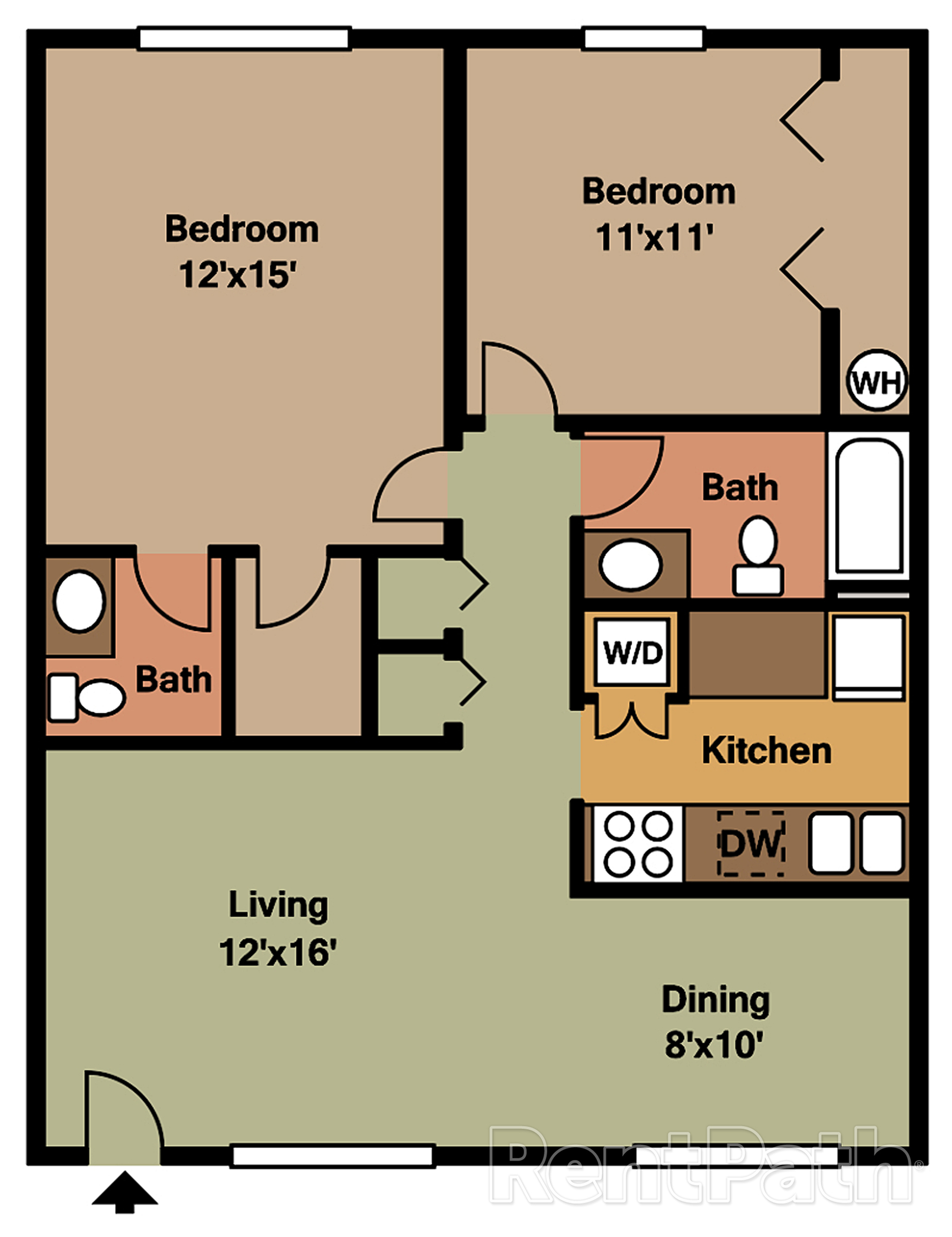 Inviting floor plan showcasing two spacious bedrooms, two modern bathrooms, an open living area, a functional kitchen with appliances, and a cozy dining space.