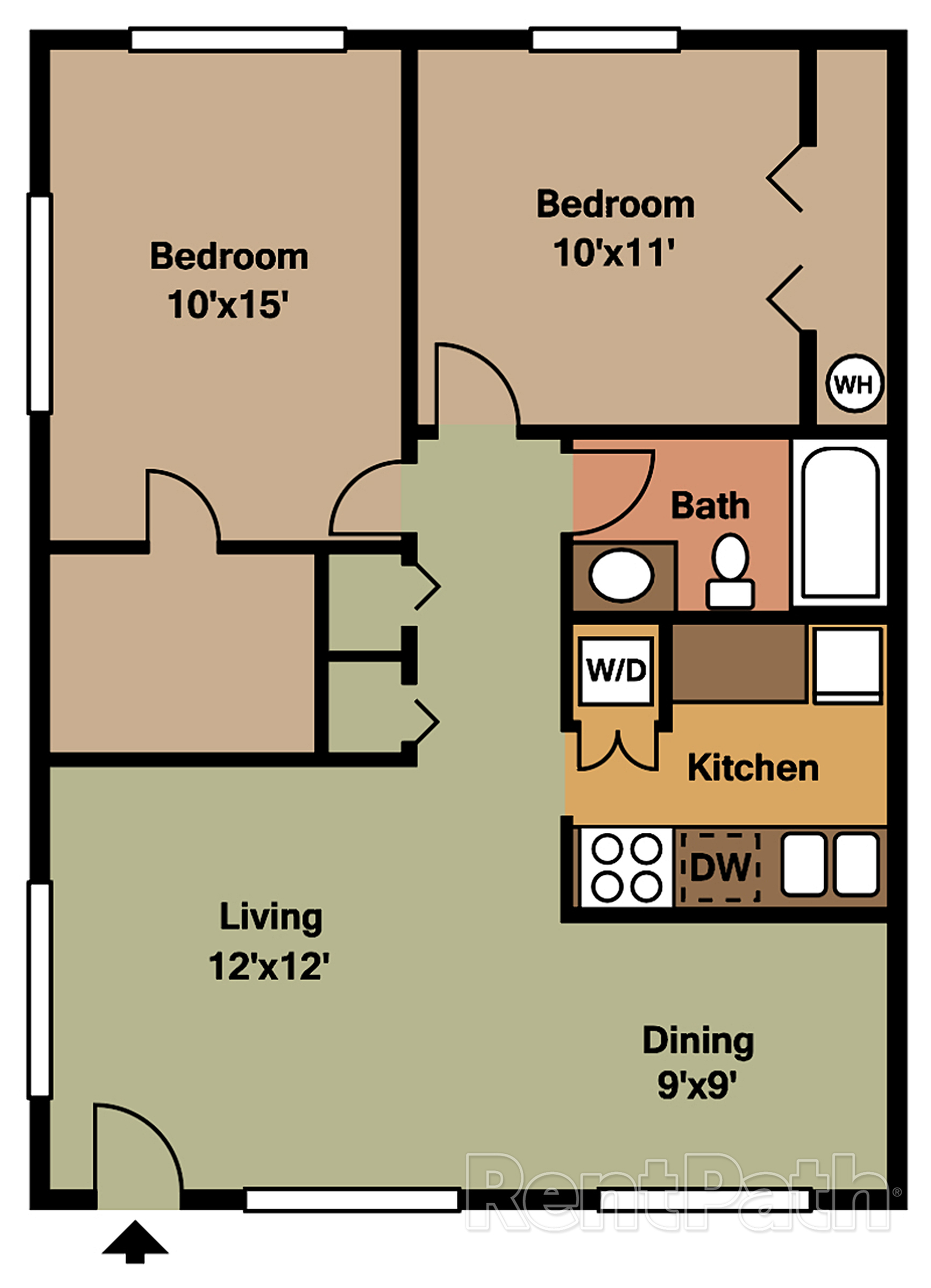 Charming floor plan showcasing two cozy bedrooms, spacious living room, functional kitchen with dining area, and modern bath, ideal for comfortable living.