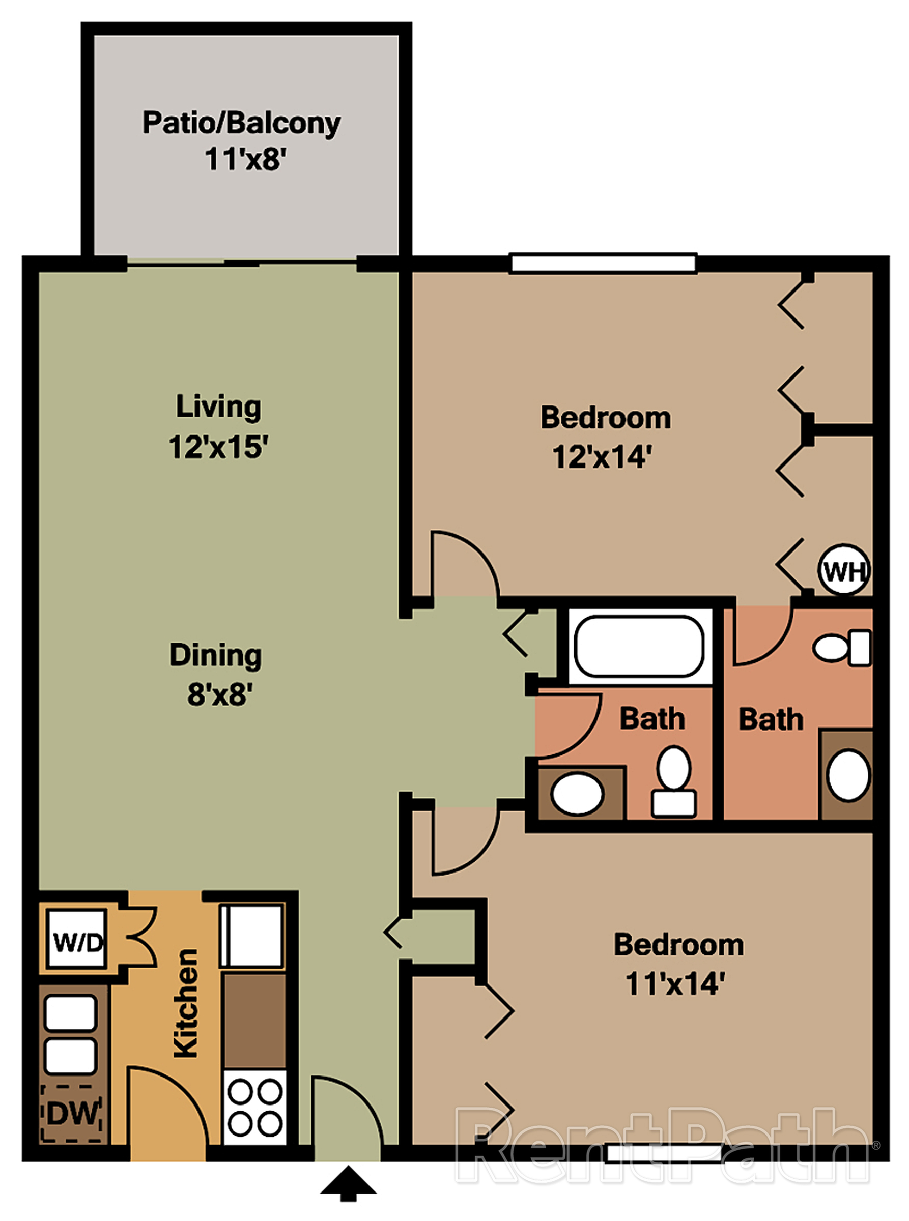 Charming apartment floor plan featuring 2 spacious bedrooms, open living and dining area, cozy kitchen, and inviting patio.
