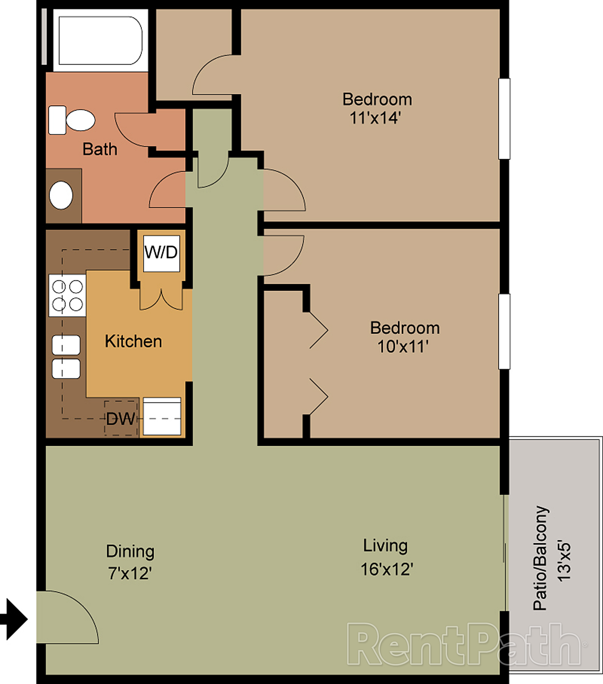 Inviting floor plan showcasing a spacious 2-bedroom layout with an open living-dining area, modern kitchen, and charming patio balcony.