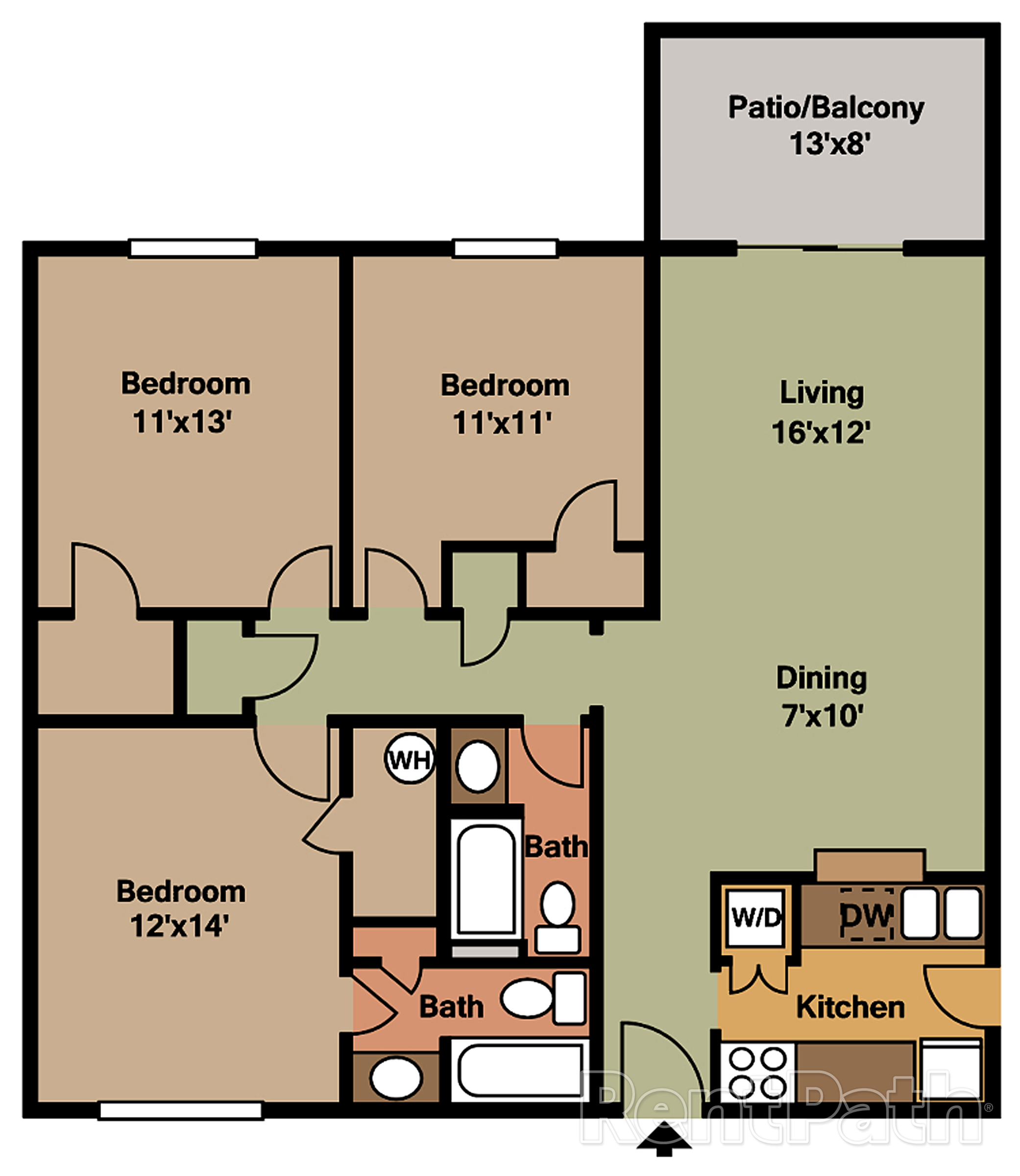 Modern floor plan showcasing three bedrooms, two baths, spacious living and dining area, sleek kitchen, and a cozy patio/balcony.