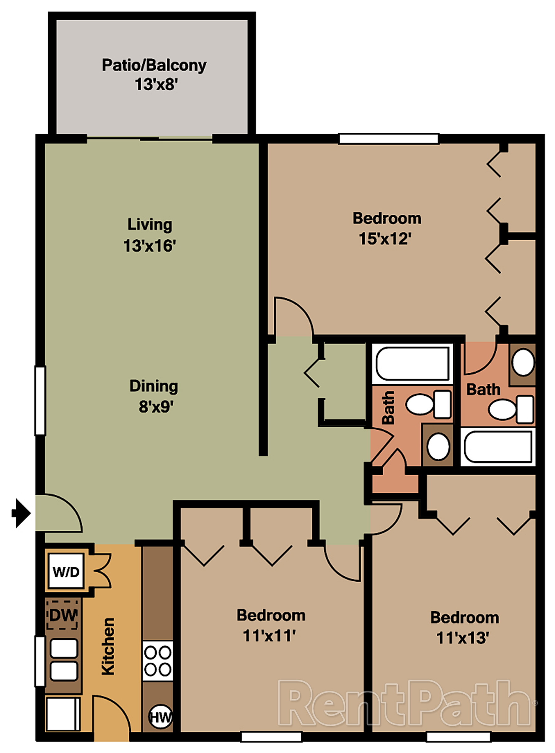 Inviting 3-bedroom apartment floor plan featuring a spacious living area, functional kitchen, and two modern bathrooms with a cozy patio for relaxation.