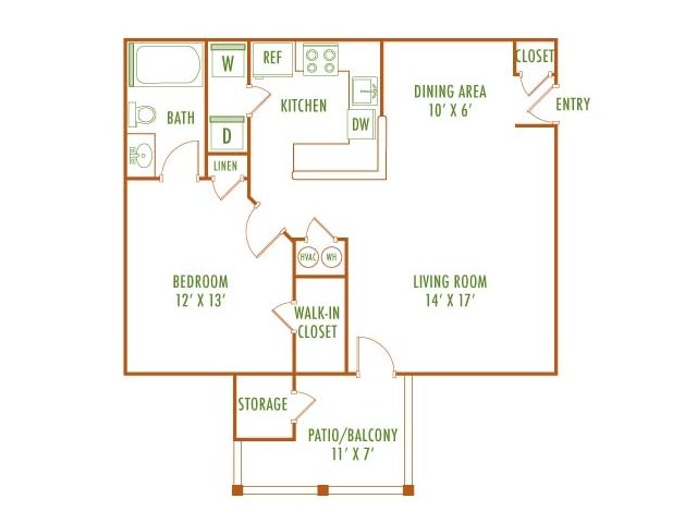 Modern 2D floor plan featuring a spacious bedroom, open living area, functional kitchen, and a charming patio/balcony.