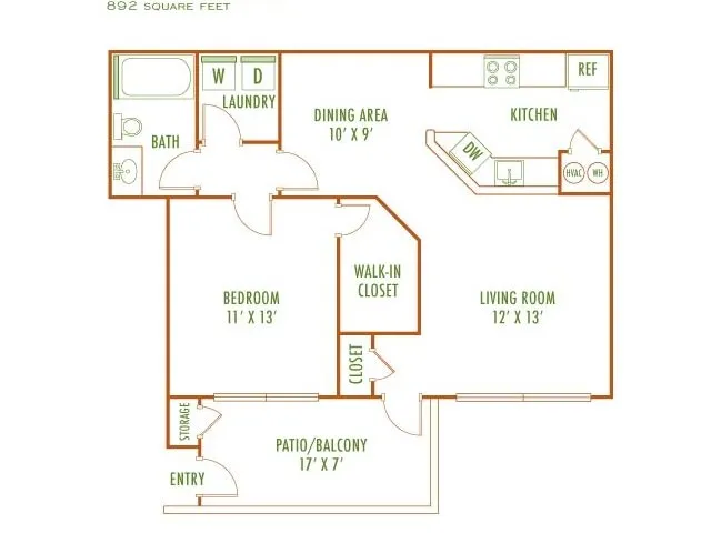 Elegant 2D floor plan of 892 square feet, featuring a spacious bedroom, cozy living room, modern kitchen, dining area, walk-in closet, bathroom, and large patio/balcony.