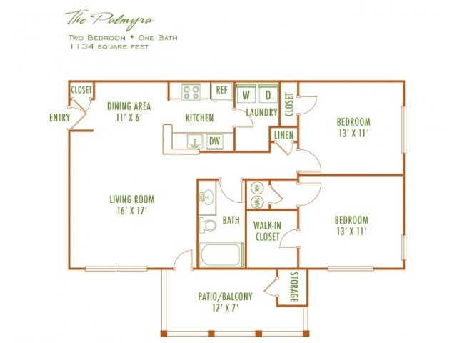 The Palmyra floor plan showcasing a spacious two-bedroom, one-bath layout with a generous living room, functional kitchen, and inviting patio/balcony area, totaling 1,134 square feet.