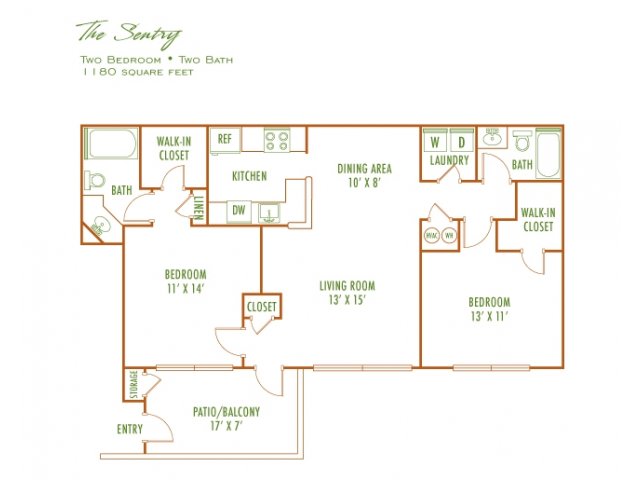 The Sentry floor plan with two bedrooms, two baths, spacious living room, open kitchen with dining area, and a large patio/balcony, totaling 1180 square feet.