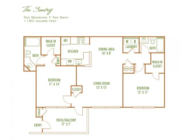 The Sentry floor plan showcasing two bedrooms, two baths, an open dining area, modern kitchen, and spacious living room. Includes a patio/balcony and convenient walk-in closets, covering 1180 square feet.