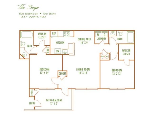 The Sage floor plan highlighting a modern two-bedroom, two-bath layout, featuring a spacious living room, kitchen with dining area, and a large patio/balcony, totaling 1227 square feet.