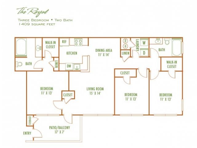 The Royal floor plan showcasing a spacious 3-bedroom, 2-bath layout with modern kitchen, inviting living room, and charming patio. Total area of 1409 square feet.