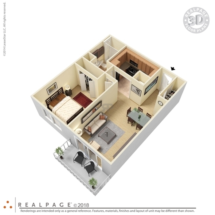 Elegant 3D floor plan showcasing a cozy one-bedroom apartment with a modern open-concept living and dining area, a well-equipped kitchen, and a private balcony.