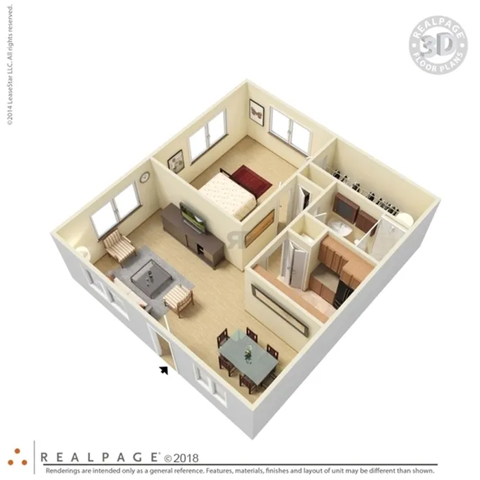 3D floor plan showcasing 1 bedroom, cozy living area, and modern kitchen with dining space.
