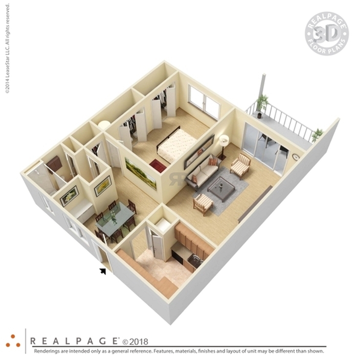 Modern 3D floor plan with a cozy bedroom, stylish living room, elegant dining area, and a compact kitchen, complete with a private balcony.