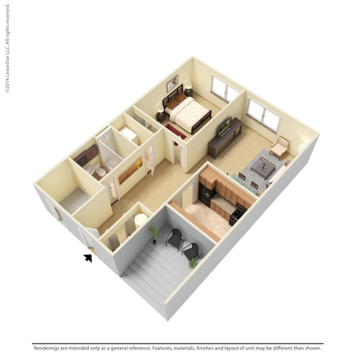 Charming 3D floor plan showcasing a stylish 1-bedroom apartment with a modern kitchen, cozy living area, and spacious bathroom. Ideal for comfortable urban living.