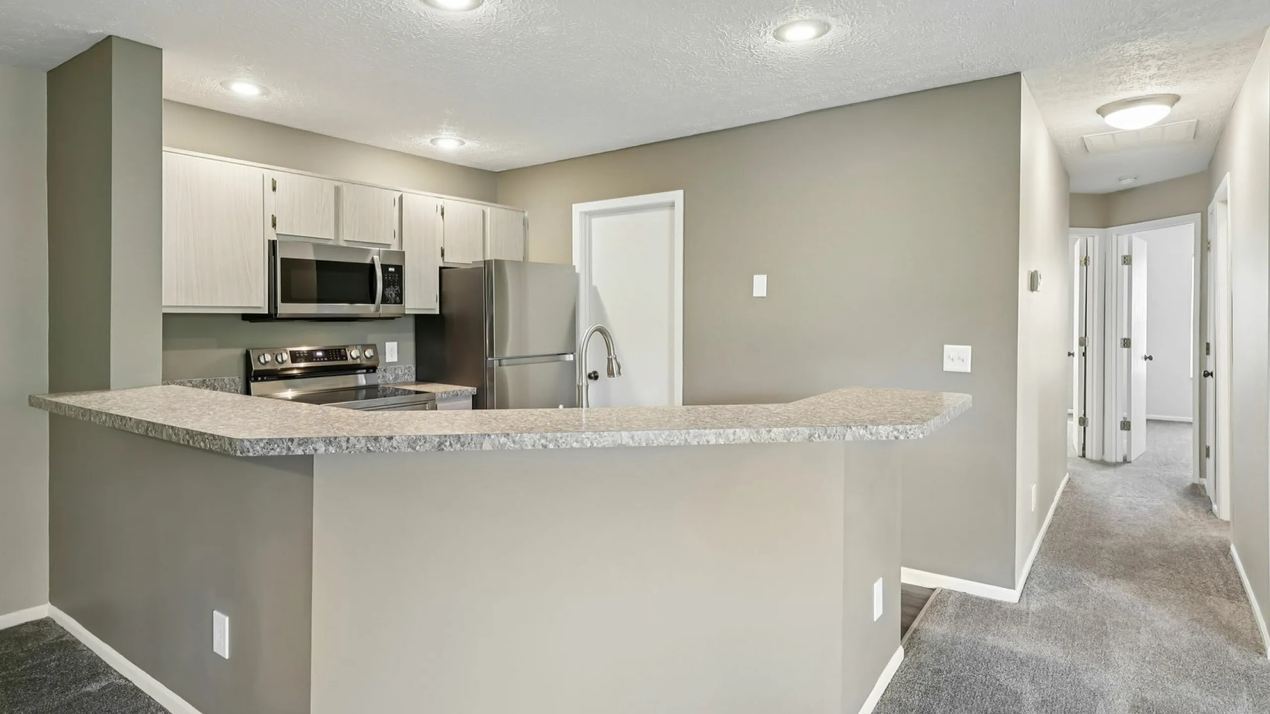 Bright and modern kitchen with sleek countertops, stainless steel appliances, and cozy carpeted hallway leading to spacious rooms.