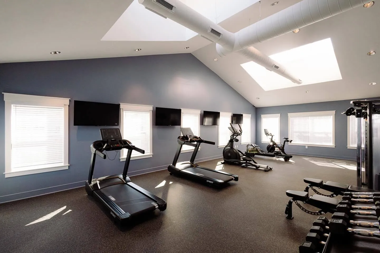 Bright, modern gym with skylight, featuring state-of-the-art treadmills, exercise bikes, and a full dumbbell rack.