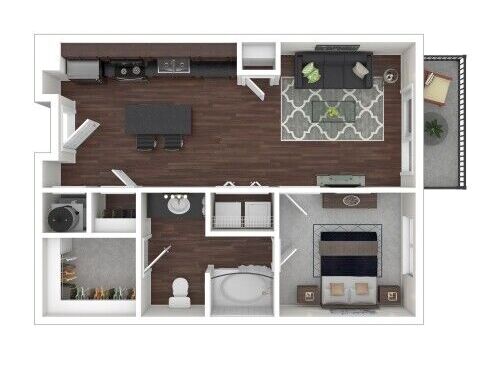 Elegant 2D floor plan featuring 1 bedroom, a spacious living area, open kitchen, and balcony.