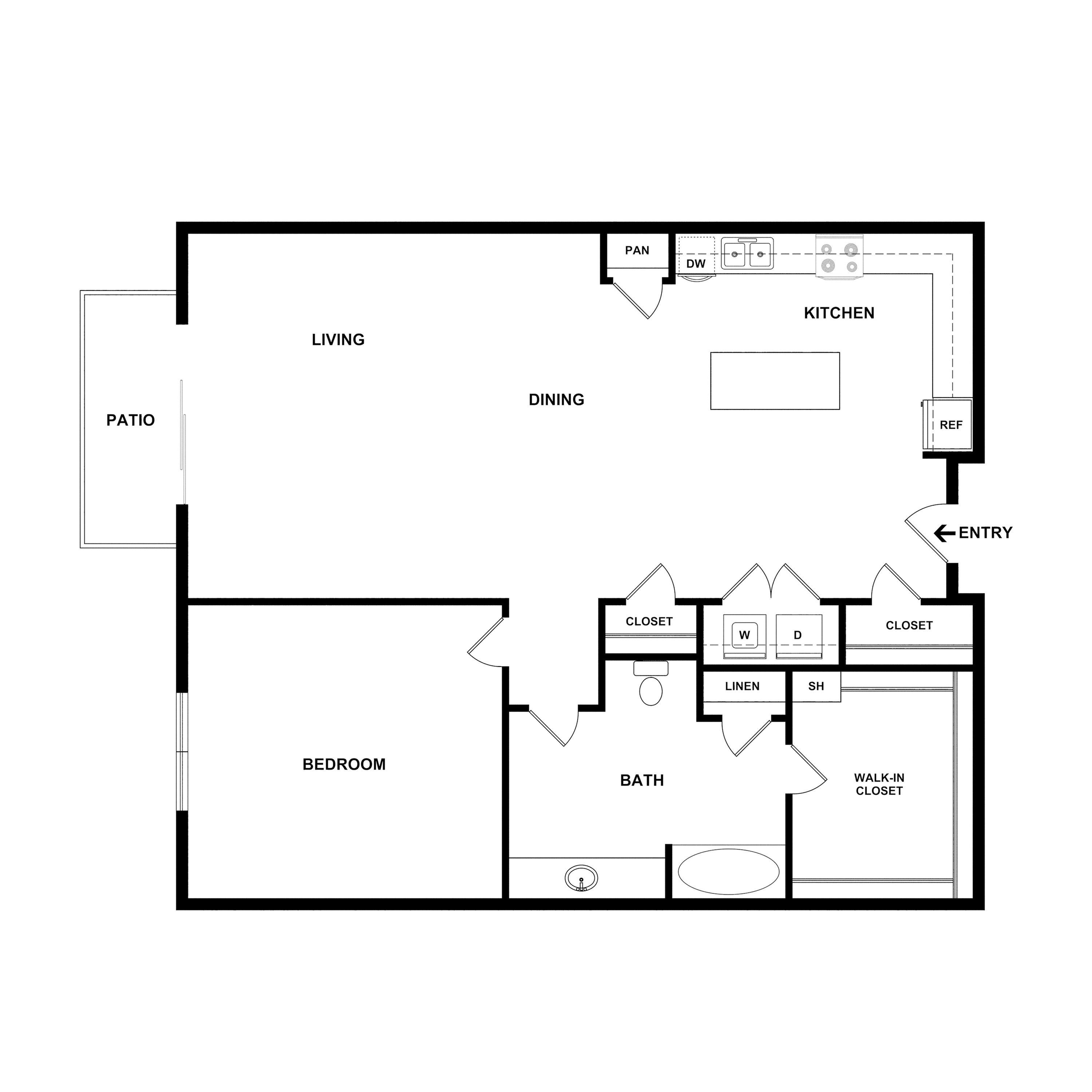 Modern floor plan featuring a spacious 1-bedroom apartment with open-concept living and dining area, contemporary kitchen, private patio, and ample storage with walk-in closet.