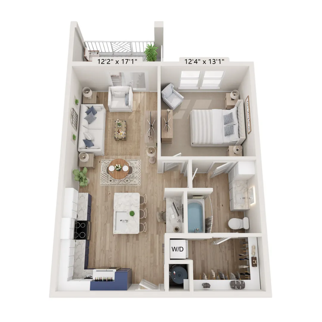 Stylish 3D floor plan of a 1-bedroom apartment with an open living area and modern kitchen.