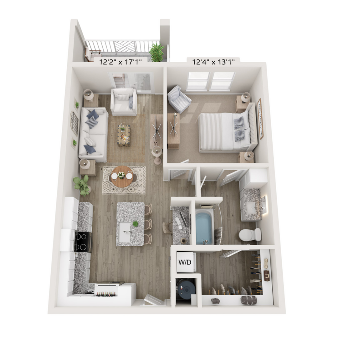 3D floor plan of a charming one-bedroom apartment with open living area and kitchen.