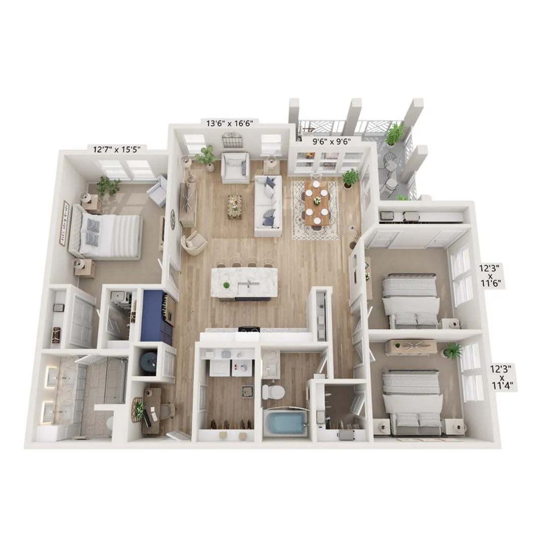 Chic 3D floor plan showcasing 3 bedrooms with an open living area and modern kitchen.