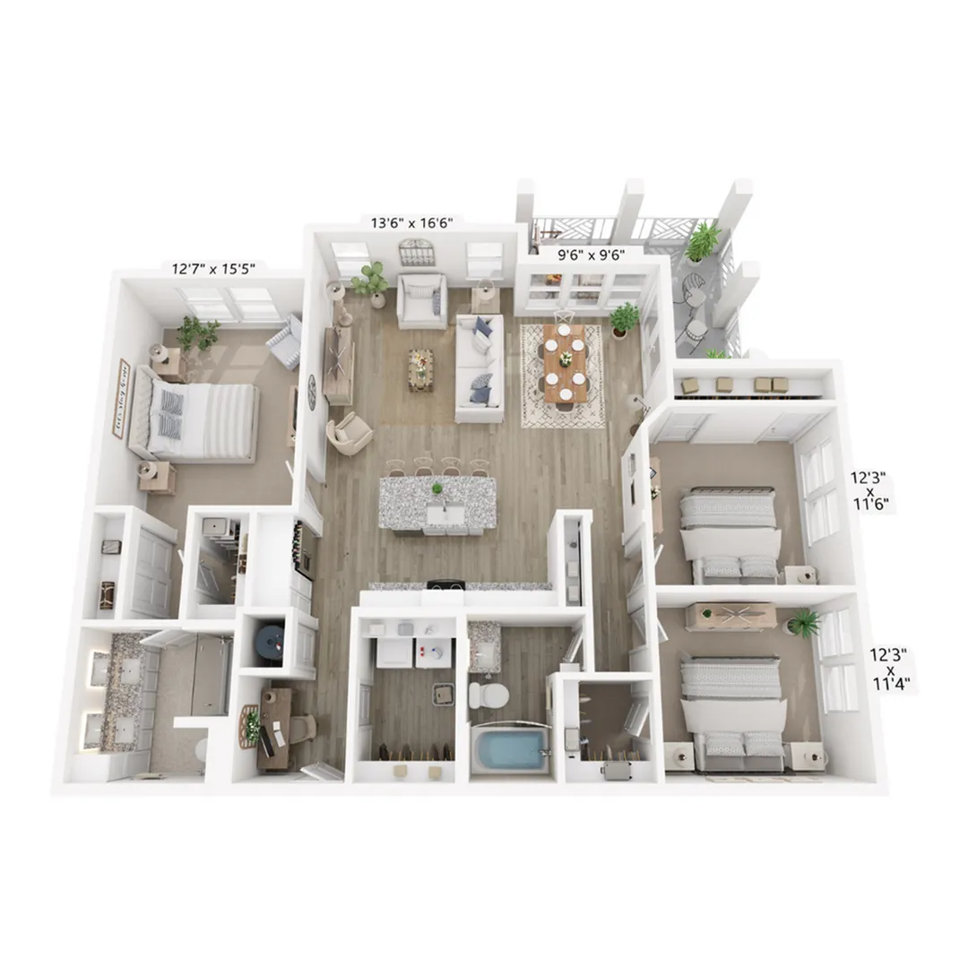 3D floor plan showcasing a spacious 3-bedroom apartment with open-concept living and dining areas.