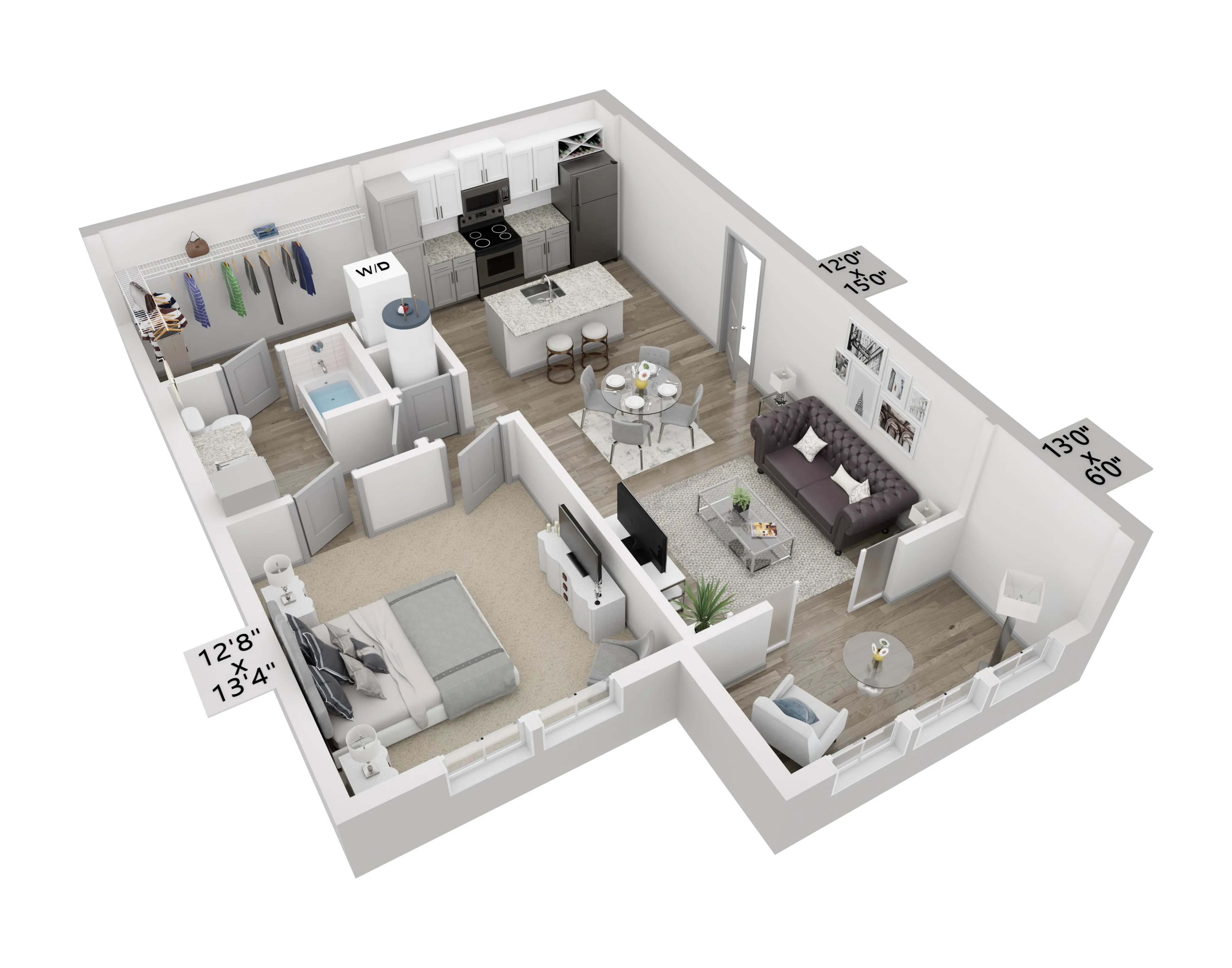 Modern floor plan showcasing an open-concept living area with stylish kitchen, cozy bedroom, and a chic living room.