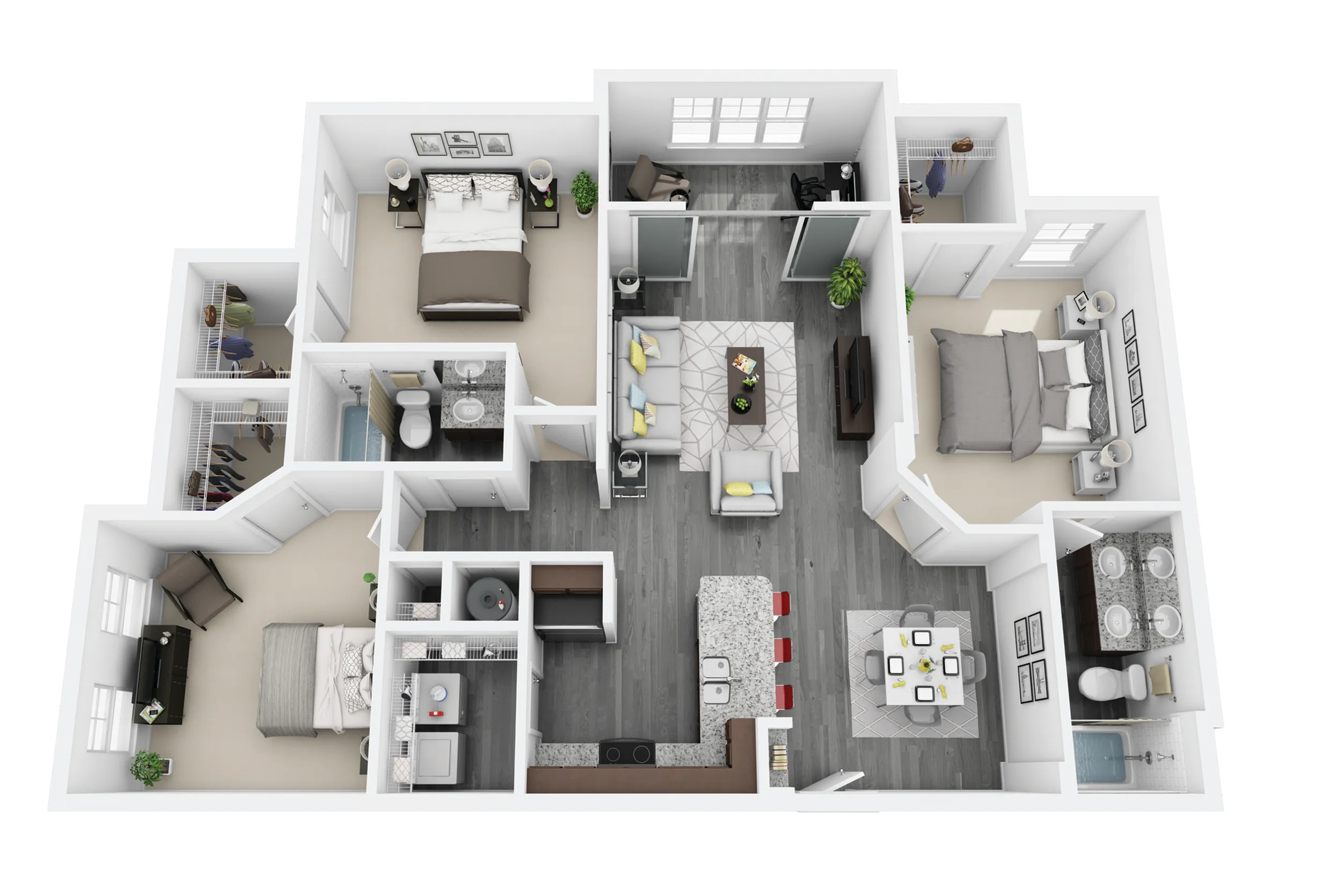 Modern 3D apartment floor plan showcasing 3 bedrooms with walk-in closets, a spacious open living and dining area, a sleek kitchen with an island, and two elegant bathrooms.