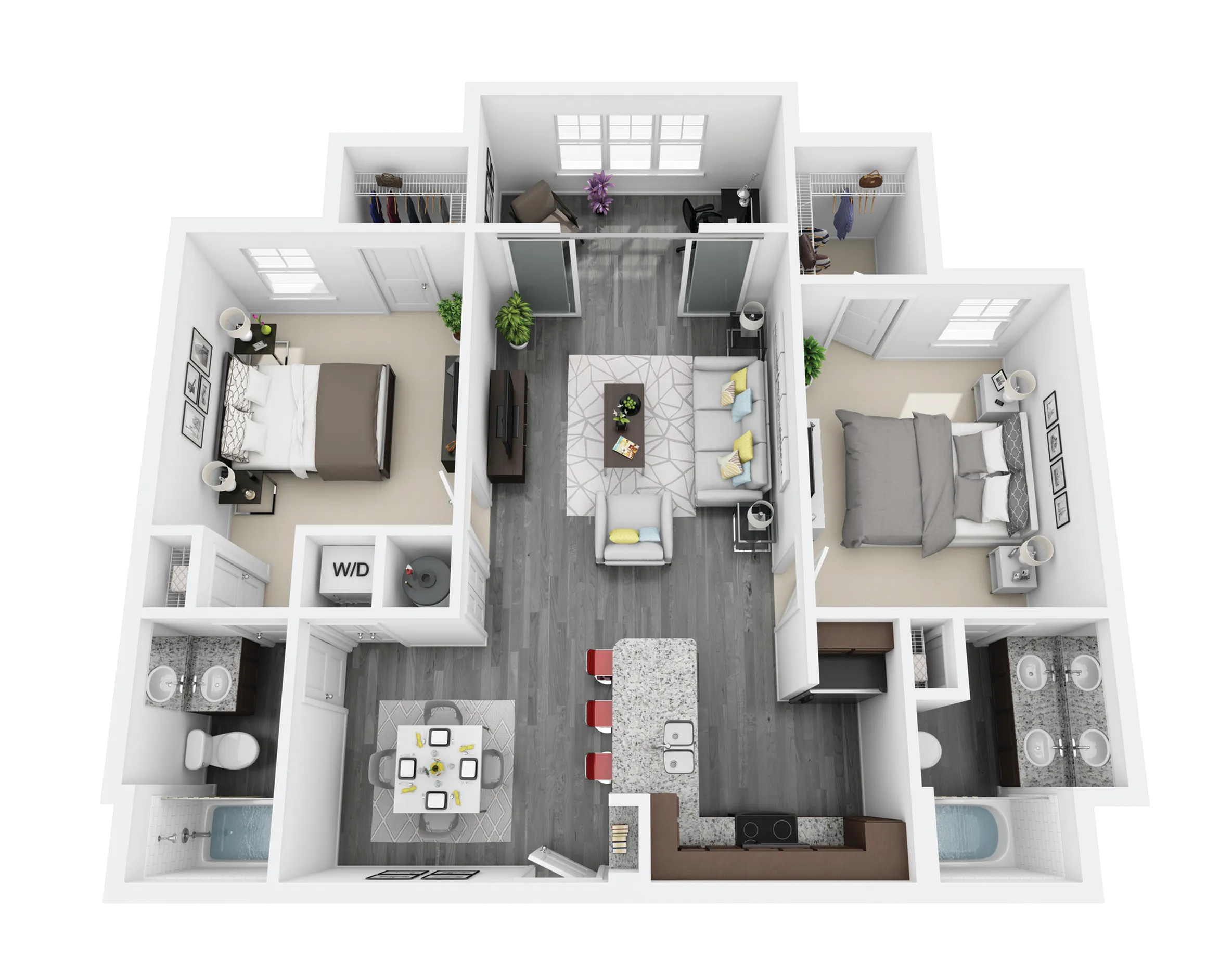 Modern 3D floor plan showcasing 2 bedrooms, open living area, stylish kitchen with island, and dual bathrooms.