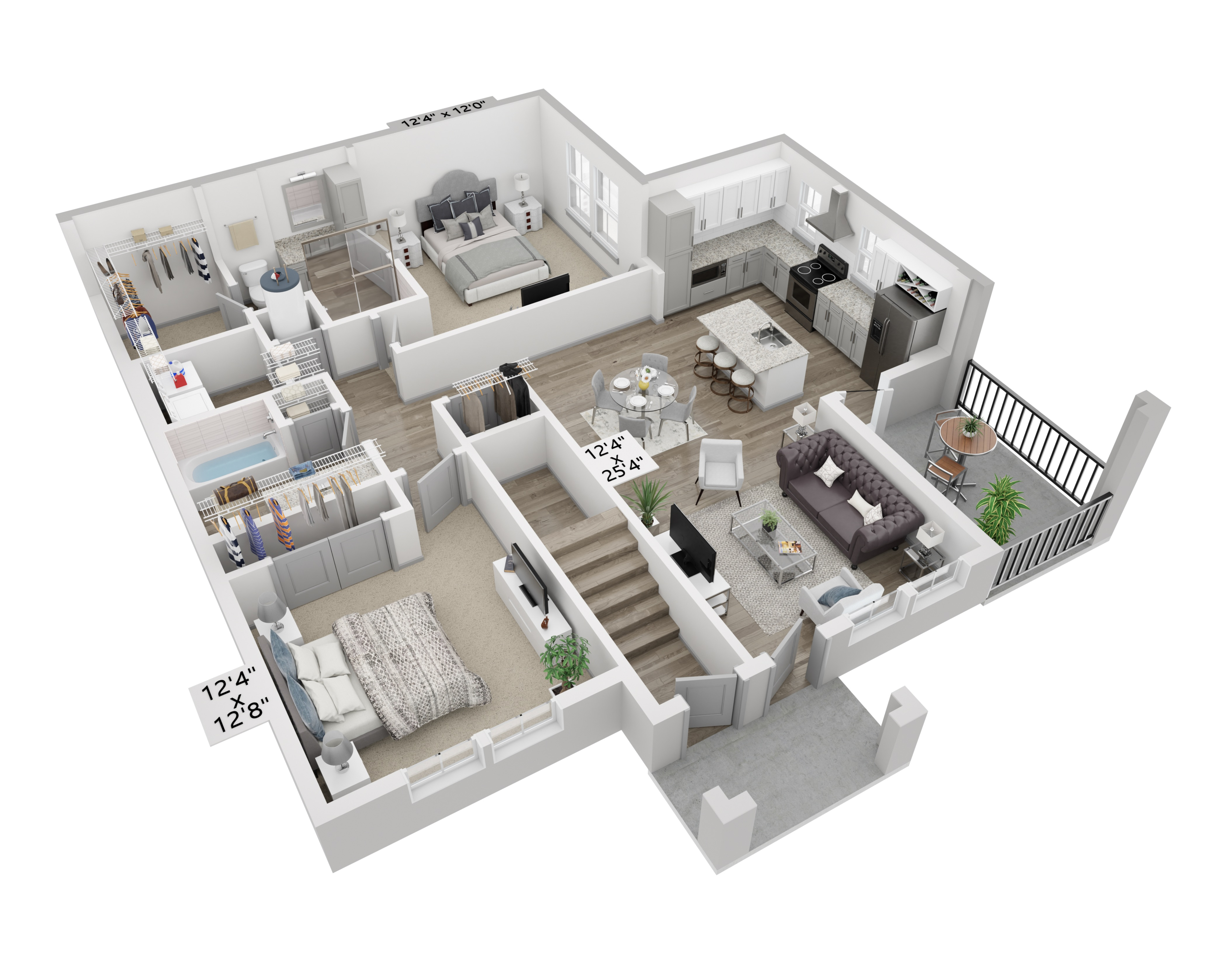 Elegant 3D floor plan showcasing a stylish apartment with two bedrooms, an open-concept kitchen and living area, and a charming balcony.